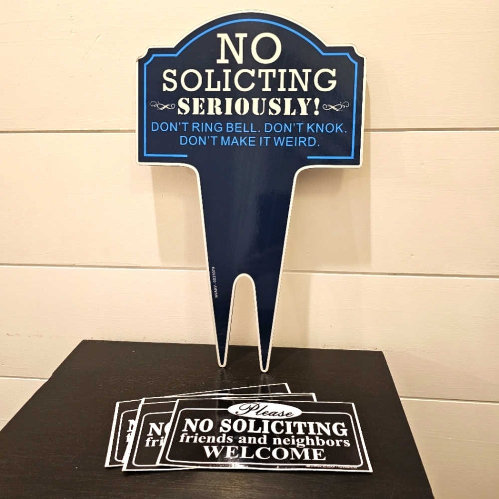 "No Soliciting" sign and 4 stickers